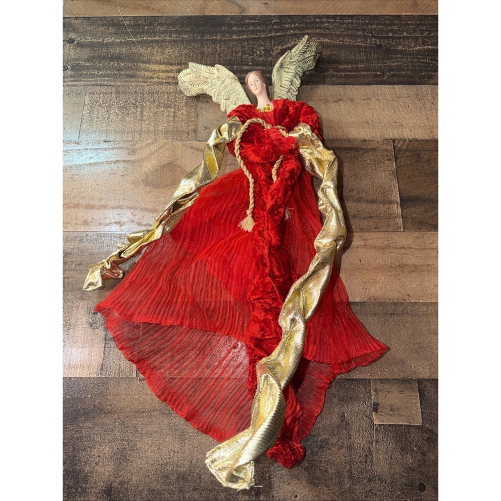 Vtg 22" Angel Christmas Ornament Large Figurine Red Velvet Gold Gown No Cone